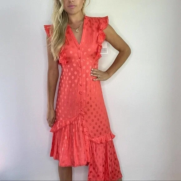 Three Floor Euphoric Coral Red Polka Dot Dress
